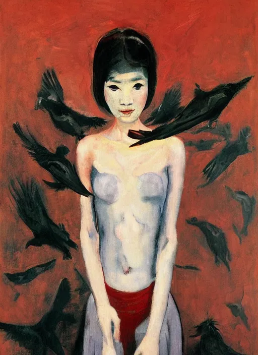 Image similar to a gorgeous asian college girl standing on the knees, frozen cold stare, blood red background, transparent gray skirts, stockings, crows swarming trapped in the void as a symbol of death, in style of surrealism of Francis Bacon painting, Ilya Kuvshinov, John Singer Sargant, Chaim Soutine and Frank Auerbach, American Gothic, 8k, ultradetailed