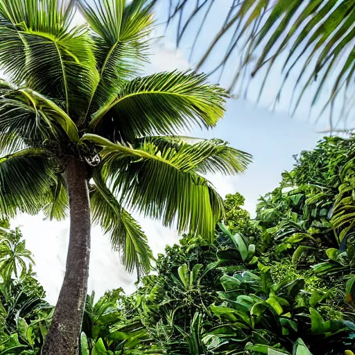 Image similar to a tropical coconut tree merging into more trees to create one super coconut tree of life that generates a coconut as large as the world to create a new species award winning
