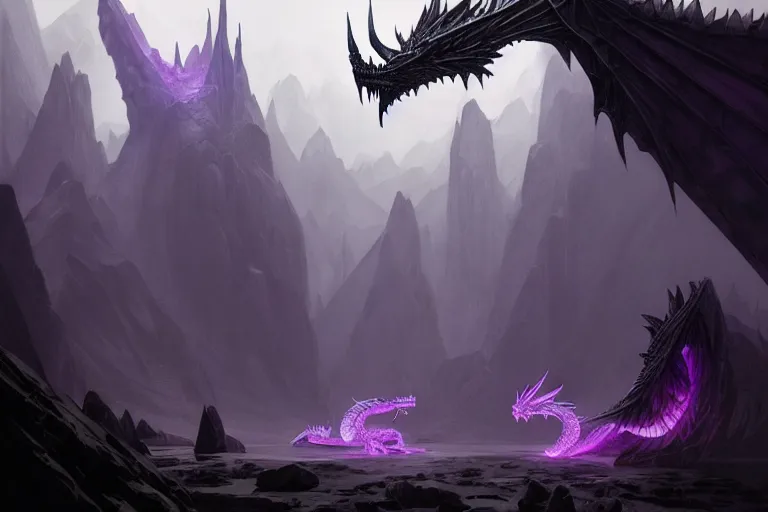 Image similar to concept art, view from afar of a crystal dragon, d & d creature, skyrim art, by greg rutkowski and alphonse mucha, gradient black to purple, monoliths in a dark forest background, highly detailed, digital painting, artstation, concept art, smooth, sharp focus illustration, artstation hq