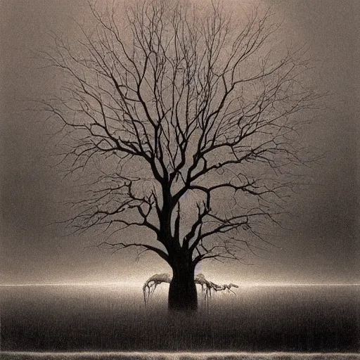 Image similar to tree of life, scary atmosphere, nightmare atmosphere, nightmare like dream by zdzisław beksinski