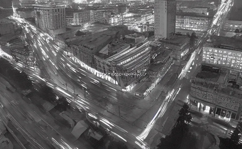 Prompt: high quality 2000s historic footage of soviet boulevard with stanilist style high rise and pedestrians, aerial photo drone, Cinestill 800t 18mm, heavy grainy picture, very detailed, high quality, 4k panoramic, billboards and streetlight at night, rain, mud, foggy