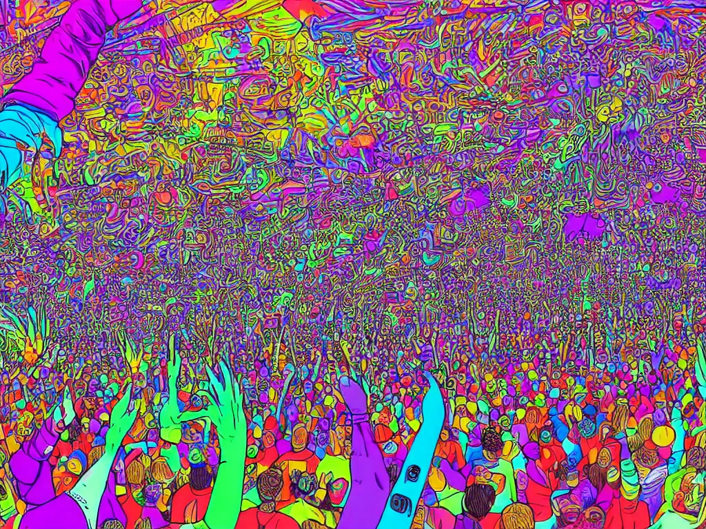 Image similar to rapping on stage at festival, holding microphone, giant crowd, epic angle, happy, psychedelic, hip hop, surreal, neon, vaporwave, detailed, illustrated by Alex Grey, 4k