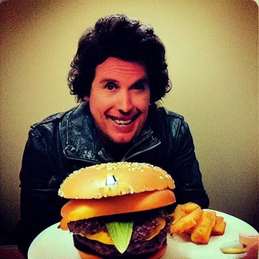 Image similar to “ michael knight eating a cheeseburger”