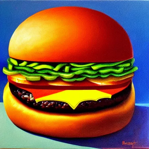 Image similar to painting of a burger with a mouth in the style of beksinski