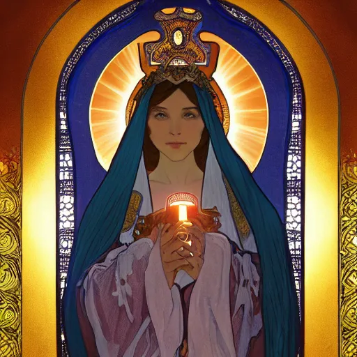 Prompt: a Portrait of A goddess in a church with a holy light emanating from her body by greg rutkowsk and alphonse mucha,In style of WLOP.digital art illustration.hyper detailed,smooth, sharp focus,trending on artstation,4k