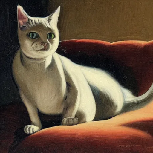 Prompt: detailed oil painting of a cat resting on a couch, 1 9 th century, by mirai mizu, by ralph bakshi, by caravaggio, by georgia o keeffe