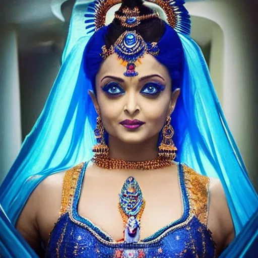 Prompt: aishwarya rai as a blue - skinned indian goddess with six arms, symmetric, aesthetic!!!, cosplay, studio lighting, beautiful symmetric face, clean composition, highly symmetric body parts, gazing eyes, blue skin, blue body paint