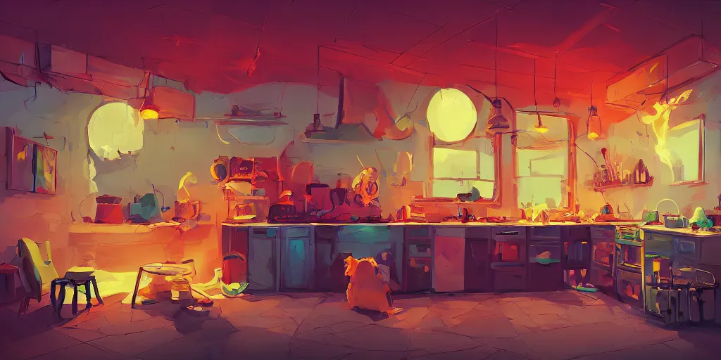 Image similar to weird perspective epic illustration of a kitchen dim lit by 1 candle in a scenic environment by Anton Fadeev