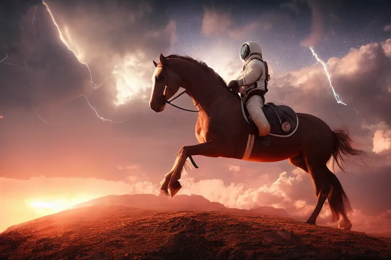 Image similar to a horse on top and an astronaut on bottom, 4 k, ultra details, cinematic, epic style, beautiful photo, hyper realistic, octane render, unreal engine, award winning, on artstation, volumetric lightning, masterpiece, golden hour,