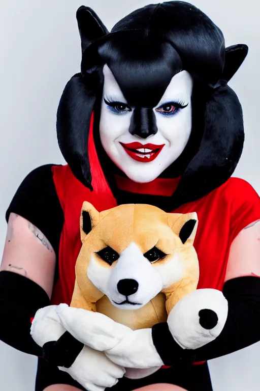 Image similar to lady gaga dressed as harley quinn attacked by plush shiba inu, plush toy, luxury materials, symmetrical, cinematic, elegant, professional studio light, real dlsr photography, sharp focus, 4 k, ultra hd, sense of awe, high fashion