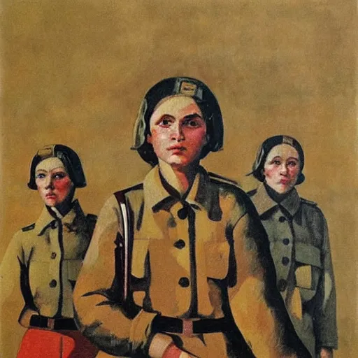 Image similar to soviet painting of female soviet partisan by isaak brodsky, walter womacka, czeslaw znamierowski, vladimir pchelin, kuzma petrov - vodkin, igor berezovsky