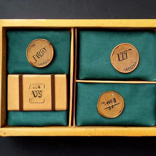 Image similar to vintage gift box for men, stamped with sealing wax, old school, wes anderson style