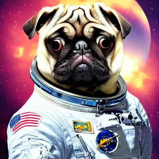 Image similar to hyper realistic, highly detailed, astronaut pug in space.