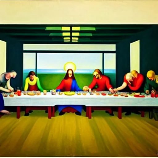 Prompt: 1942 oil on canvas painting by Edward Hopper, the last supper