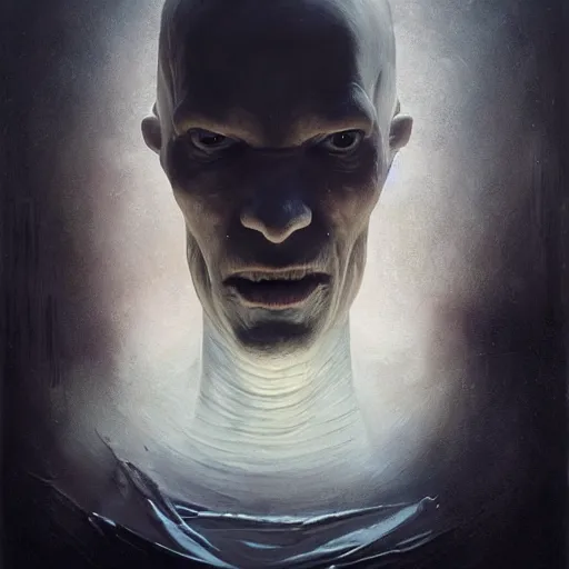 Prompt: face of a pale alien cultist, intimidating man, large fish eyes, high forehead, smooth waxy skin, slick clammy skin, ominous, eldritch. oil painting by nuri iyem, james gurney, james jean, greg rutkowski, highly detailed, soft lighting, chiaroscuro