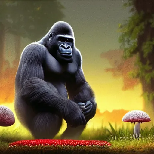 Image similar to a wholesome animation key shot of a gorilla holding a very small red mushroom, chilled out smirk on face, studio ghibli, pixar and disney animation, sharp, rendered in unreal engine 5, anime key art by greg rutkowski, bloom, dramatic lighting, made by banksy