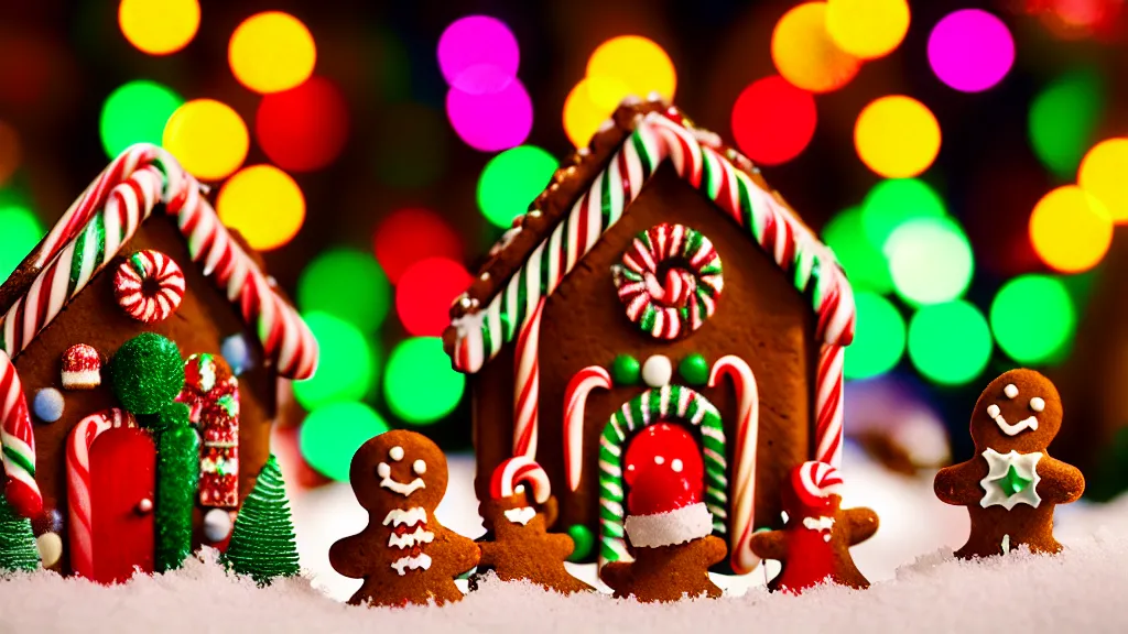 Prompt: closeup of colorful miniature gingerbread house at night, gingerbread people!!!!!!, candy canes, forest, christmas, snow, claymation, bokeh, depth of field 1 0 0 mm, cinematic scene, studio quality, visually stunning, unreal engine, octane render