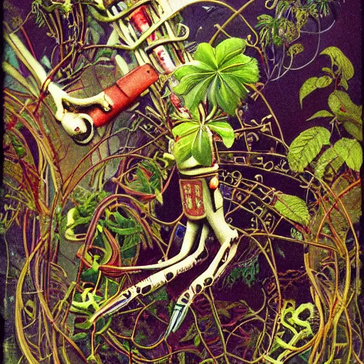 Prompt: A colorful, detailed print - A portrait of a mechanical arm, composed of plants and vines, reaching into a pile of rotting fruit. by Arnold Bocklin and Barclay Shaw, masterful print. 4k, unreal engine stunning Art Nouveau