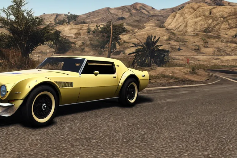 Image similar to photograph of a 1 9 2 2 pontiac firebird trans am, by red dead redemption 2, by grand theft auto v