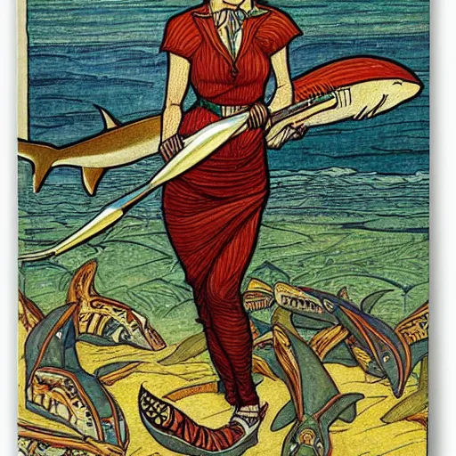 Image similar to a shark woman with melee weapons by ivan bilibin