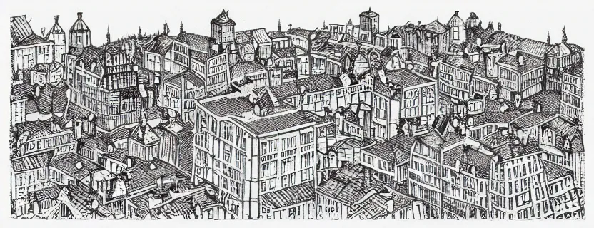Prompt: an isometric finely detailed pen and ink drawing of a town by mattias adolfsson