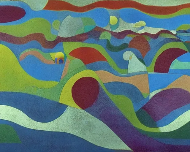 Image similar to A wild, insane, modernist landscape painting. Wild energy patterns rippling in all directions. Curves, organic, zig-zags. Saturated color. Mountains. Clouds. Rushing water. Waves. Sci-fi dream world. Lisa Yuskavage. Yves Tanguy. Paul Klee.