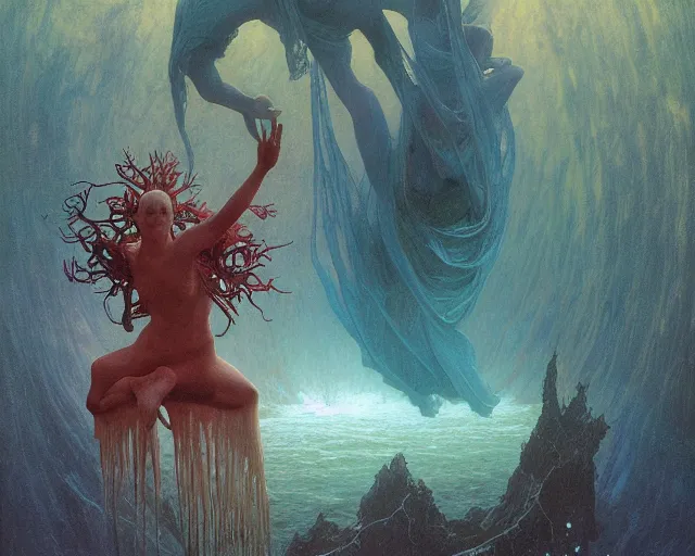 Prompt: falling in to eternity, underwater scene, painted by zdzislaw beksinski and artgerm and greg rutkowski and alphonse mucha and rene laloux