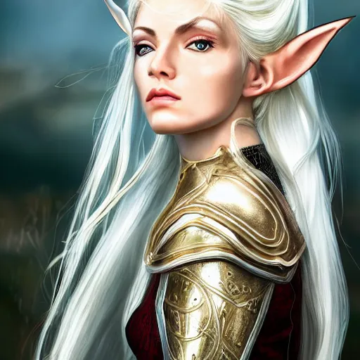 Prompt: side portrait of a young female elven warrior, fantasy, white hair, hair blowing in the wind, hyperrealistic, gold armour, white skin, trending on artstation, gsociety, D&D, elegant, highly detailed, realistic eyes, detailed illustration, smooth, sharp focus, upper body, intricate, rule of thirds, holy glow, backlit, art nouveau, rich colour, hd 4k by Greg Rutkowski, Alphonse Mucha, Ayami Kojima, Charlie Bowater, Artgerm, Loish, Kentaro Miura, Karol Bak, Greg Hildebrandt, Norman Rockwell