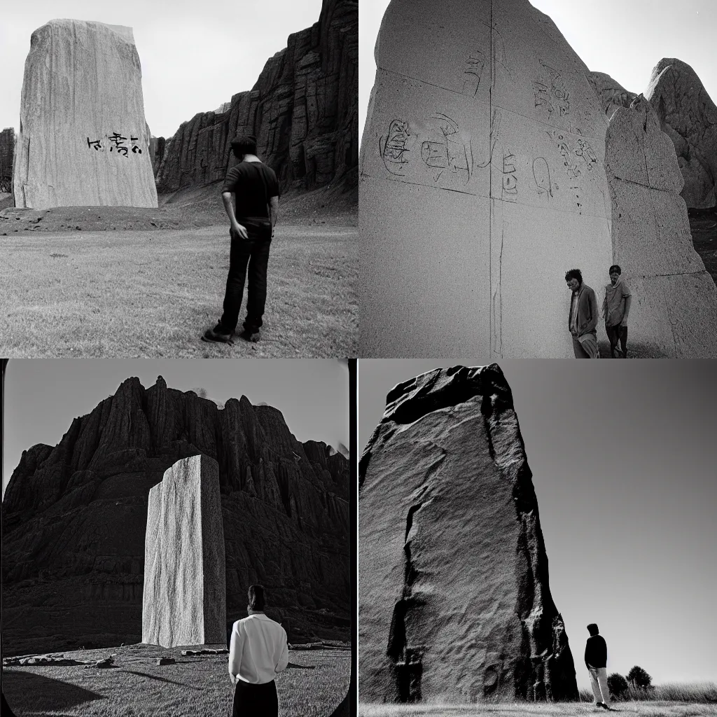 Prompt: A man stands with his back to the camera looking up at a massive monolith, the monolith has writings in an alien language carved into it, Photography, Ilford HP5, Mamiya 645 AF 80mm f/2.8