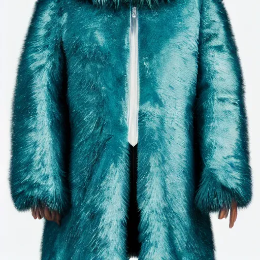 Prompt: an award - winning editorial photo of a medieval nike jacket made of very fluffy teal faux fur : : with a reflective iridescent oversized collar, dramatic lighting, realistic, designed by alexander mcqueen