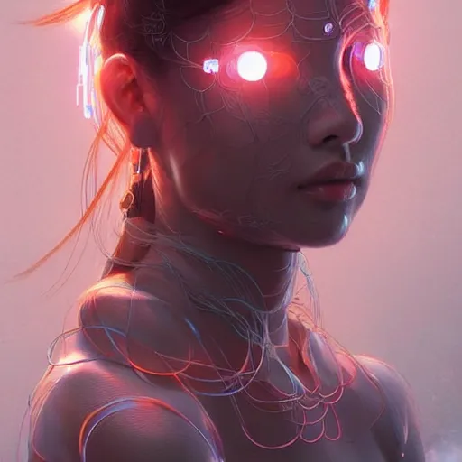 Prompt: portrait of asian female humanoid, intricate, elegant, cyber neon lights, highly detailed, digital illustration, trending in artstation, trending in pinterest, glamor pose, concept art, smooth, sharp focus, art by artgerm and greg rutkowski