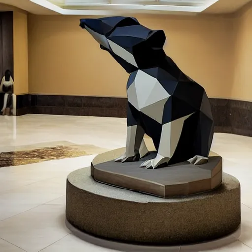 Prompt: a statue of a low-poly badger displayed in a hotel lobby