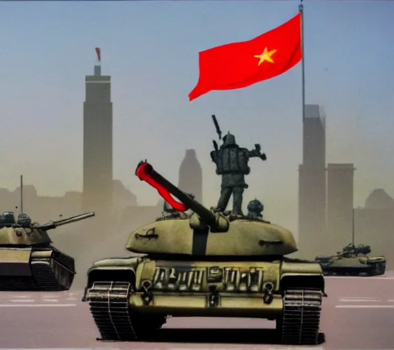 Image similar to photorealistic concept art of tiananmen square tank man standing in front of tank girl's tank, detailed