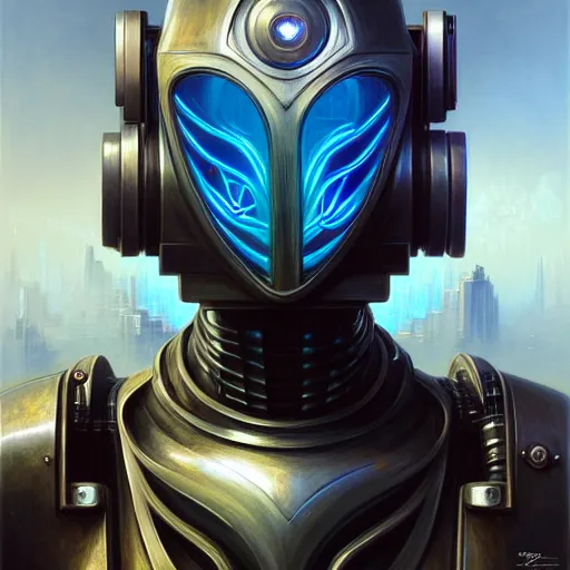 Image similar to front shot of a cyberpunk gazmask robot character, intricate, elegant, highly detailed, centered, digital painting, artstation, concept art, smooth, sharp focus, illustration, artgerm, Tomasz Alen Kopera, Peter Mohrbacher, donato giancola, Joseph Christian Leyendecker, WLOP, Boris Vallejo