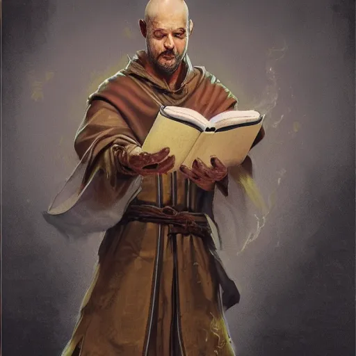 Prompt: anthropomorphic corgi monk holding an ancient tome, d & d character art, intricate robes, arcane trinkets, magic potions, fantasy, hyperrealistic, extremely detailed digital illustration, greg rutkowski, artgerm, trending on artstation, award - winning, masterpiece, 8 k