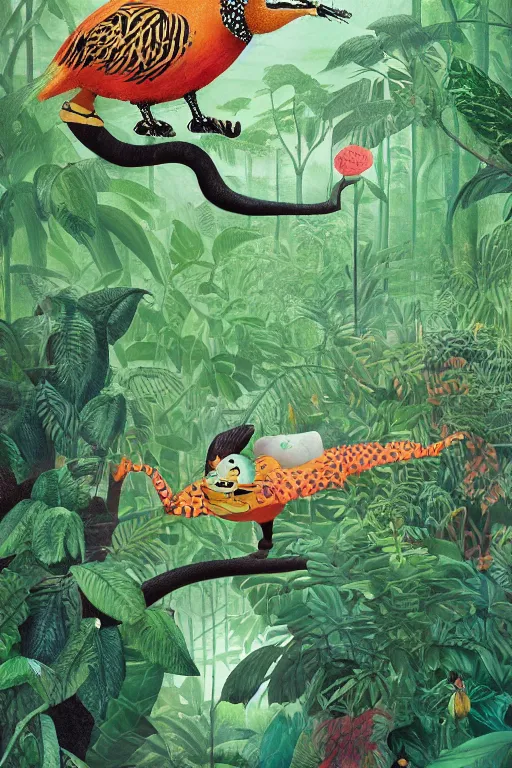 Prompt: rare bird in the jungle, hyper detailed, unreal engine render concept art, glitch, smudged paint, dark green, style of henri rousseau and richard scarry and hiroshi yoshida