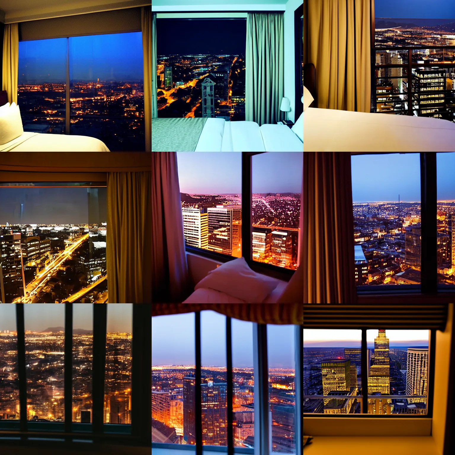 Prompt: view from dark dark unlit hotel room with small window, curtains pulled open, late at night night from a tall hotel overlooking a big city at midnight