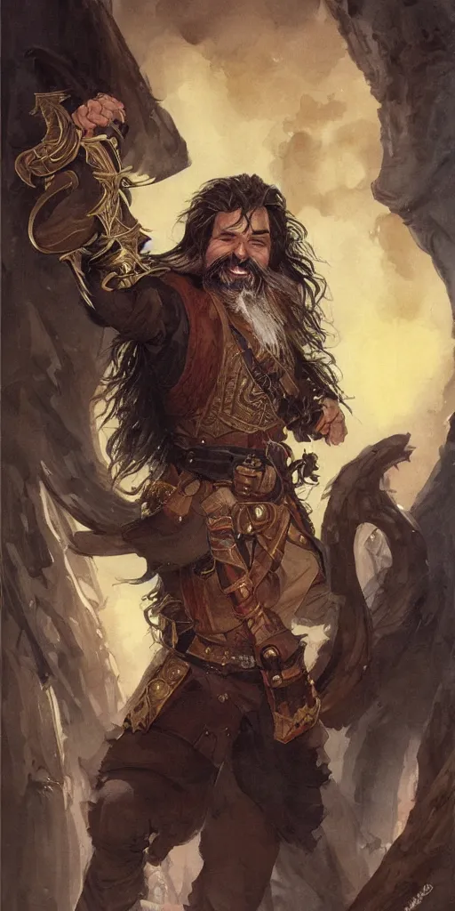 Image similar to beautiful portrait painting of a very short and small male halfing bard with brown hair with some grey hairs, full beard, ridiculous smile, from pathfinder, evil smirk, narcissist, self centered, painted by larry elmore, wayne reynolds, greg rutkowski, magic the gathering, dungeons and dragons, dishonored 2