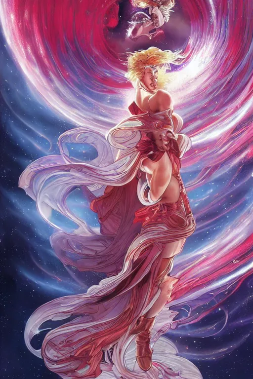 Image similar to celestial scarlett johansson emerging from a wormhole, by artgerm and yoshitaka amano and moebius and alphonse mucha, hyperdetailed, dc comics, ornate, nebula, explosions in the sky, trending on artstation