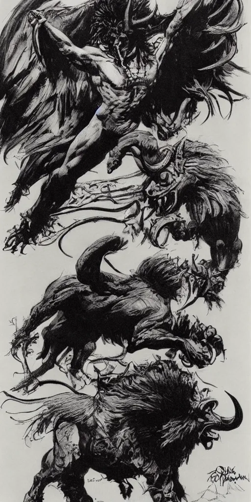 Image similar to a creature with the body and eyes of a man, with the beak of an eagle, the mane of a lion, and the horns of an ox. drawn by frank frazetta