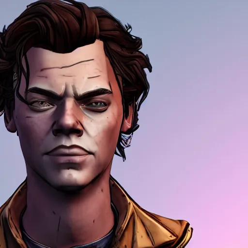 Image similar to harry styles portrait, borderlands, tales from the borderlands, the wolf among us, comic, cinematic lighting, studio quality, 8 k