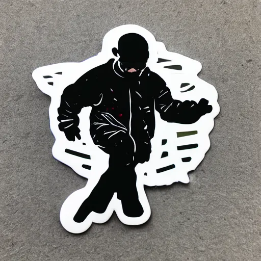 Image similar to die cut sticker, walter white breakdancing in techwear splatter paint