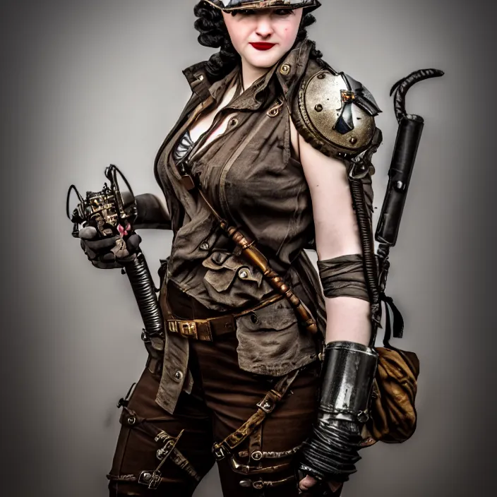 Image similar to full length photo of a very beautiful female dieselpunk warrior, 8 k, hdr, smooth, sharp focus, high resolution, award - winning photo