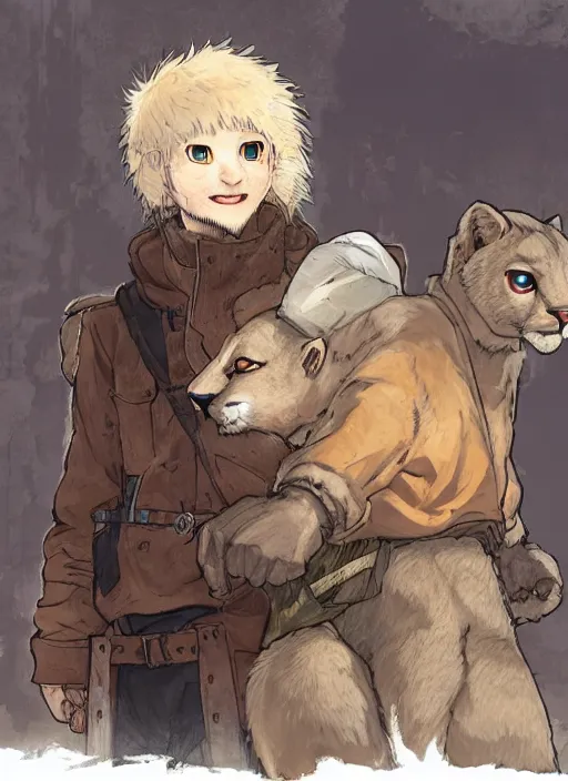 Prompt: fursona character portrait of a man with an albino mountain lion's head wearing miner's clothes at the mines. hidari, color page, tankoban, 4K, tone mapping, Akihiko Yoshida.