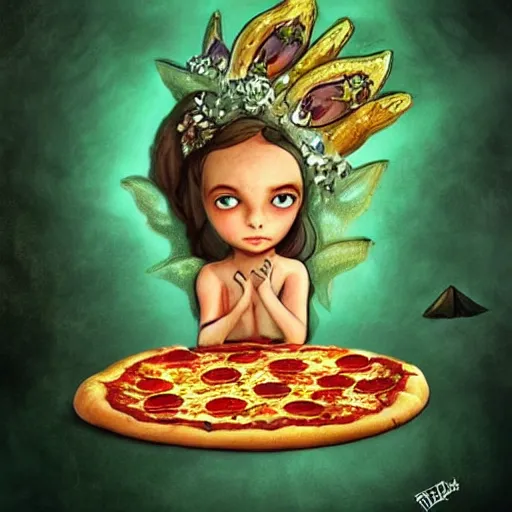 Prompt: a pizza with little fairy heads on it, fantasy art, illustration, amazing detail, the the style of greg ruthkowski