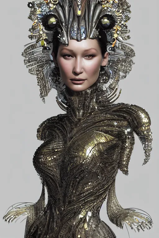 Image similar to a highly detailed portrait of a beautiful alien goddess bella hadid kleopatra in iris van herpen dress in diamonds in style of alphonse mucha art nuvo trending on artstation made in unreal engine 4