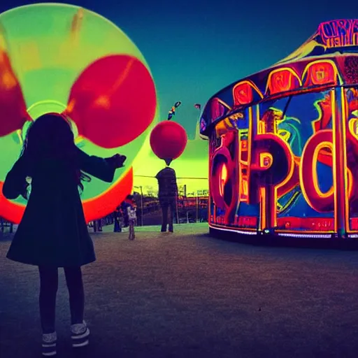 Image similar to a girl holding a balloon at a fairground. buildings with graffiti in the background. silhouette. photograph in the style of simon stalenhag