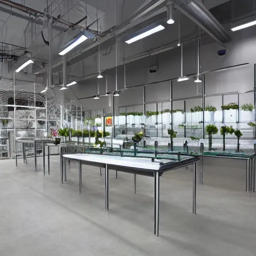 Prompt: flower shop design by white science labotory, made of stainless steel and glass, laboratory equipment