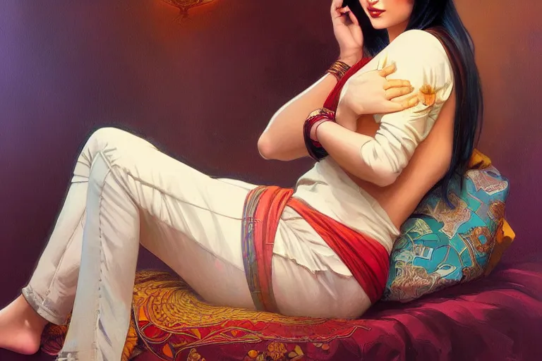 Image similar to sensual pale beautiful indian doctor in jeans, art deco portrait, elegant, intricate, digital painting, artstation, concept art, smooth, sharp focus, illustration, art by artgerm and greg rutkowski and alphonse mucha