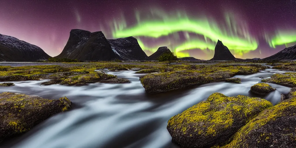 Prompt: a beautiful landscape photo in northern Norway by a famous landscape photographer, night sky with stars and green northern lights, long exposure, wide angle lens, rule of thirds